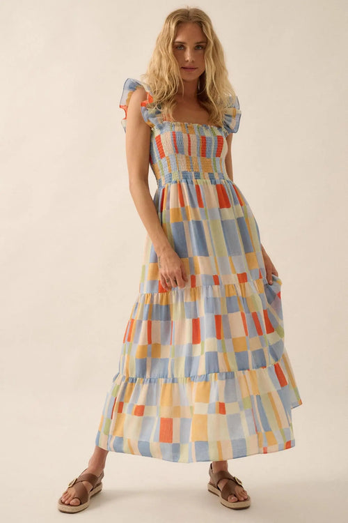 Bright Spirit Multicolor Check Ruffle Maxi Dress