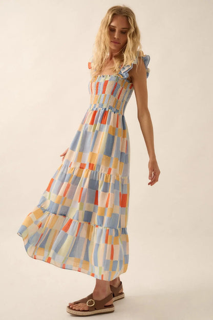 Bright Spirit Multicolor Check Ruffle Maxi Dress