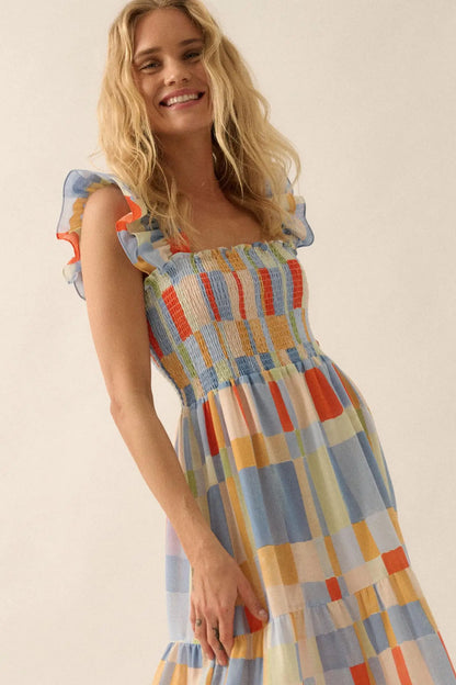 Bright Spirit Multicolor Check Ruffle Maxi Dress