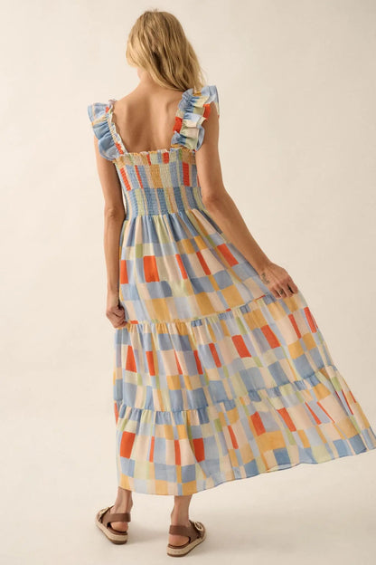 Bright Spirit Multicolor Check Ruffle Maxi Dress