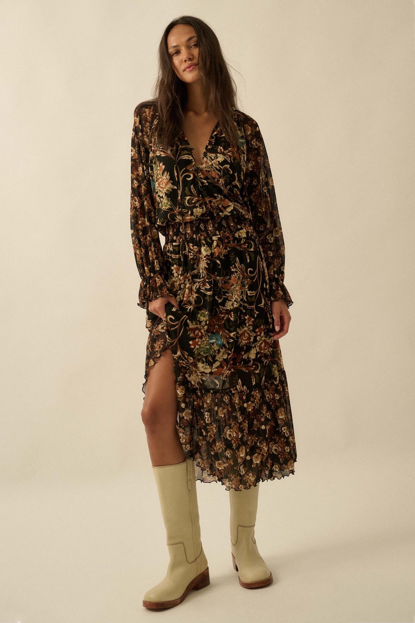 Dramatic Blooms Floral Mesh Buttoned Midi Dress