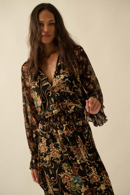 Dramatic Blooms Floral Mesh Buttoned Midi Dress