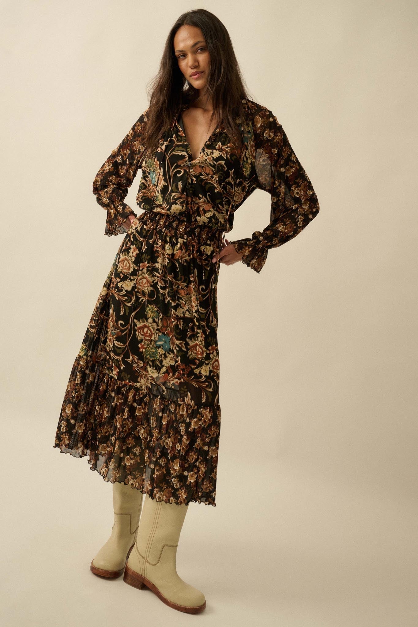 Dramatic Blooms Floral Mesh Buttoned Midi Dress