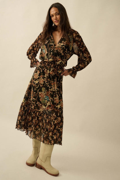 Dramatic Blooms Floral Mesh Buttoned Midi Dress