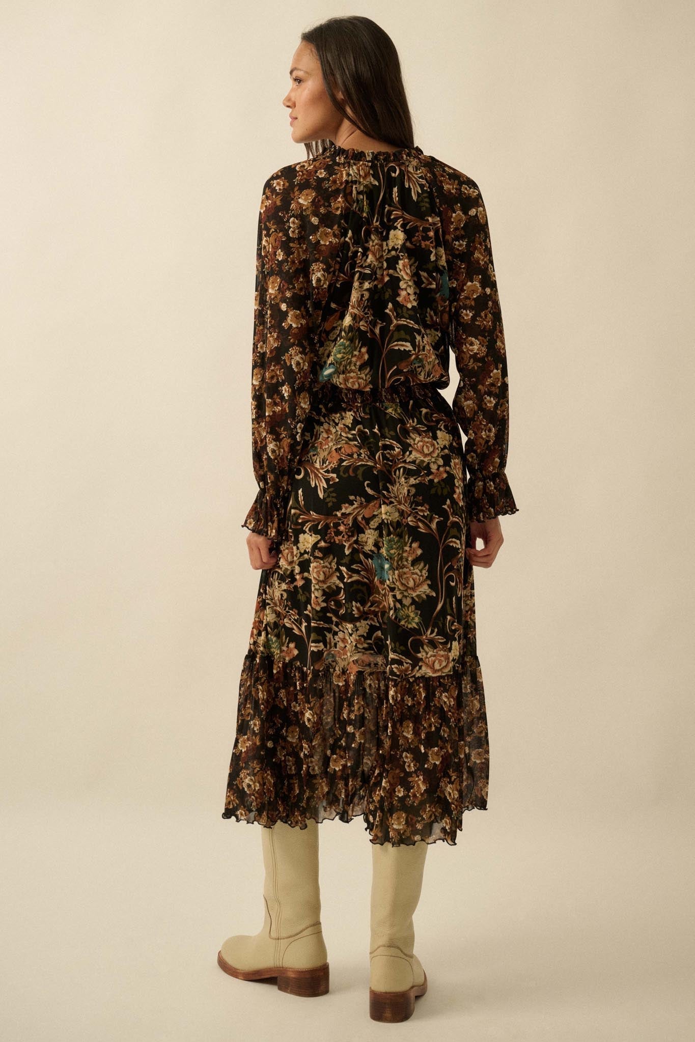 Dramatic Blooms Floral Mesh Buttoned Midi Dress