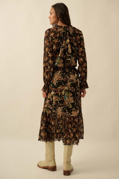 Dramatic Blooms Floral Mesh Buttoned Midi Dress