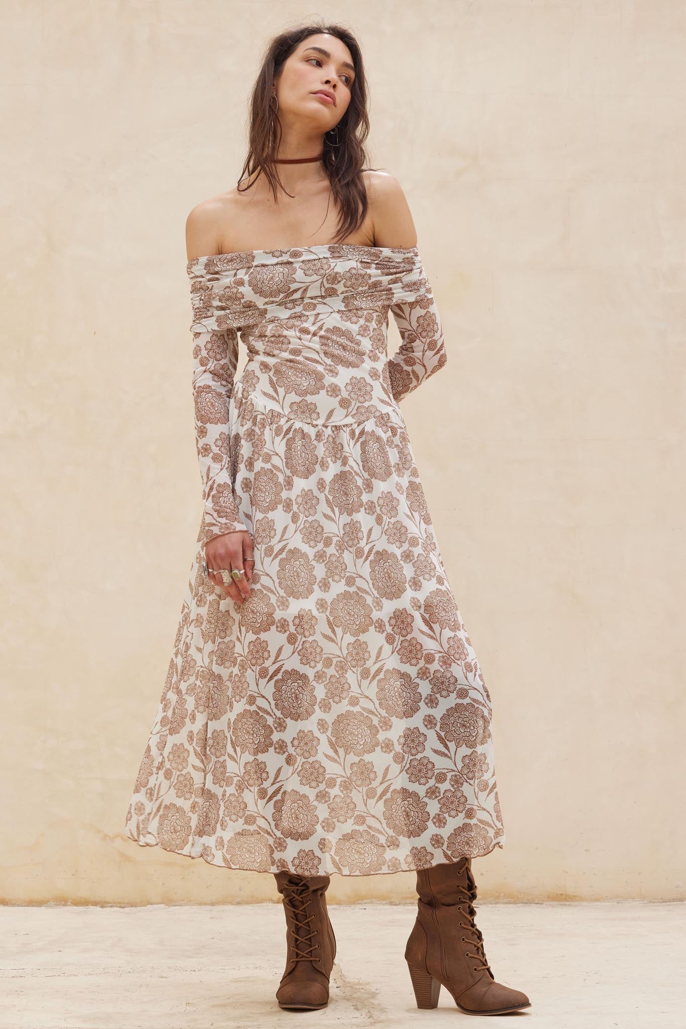 Fallen Flowers Floral Mesh Off-Shoulder Midi Dress