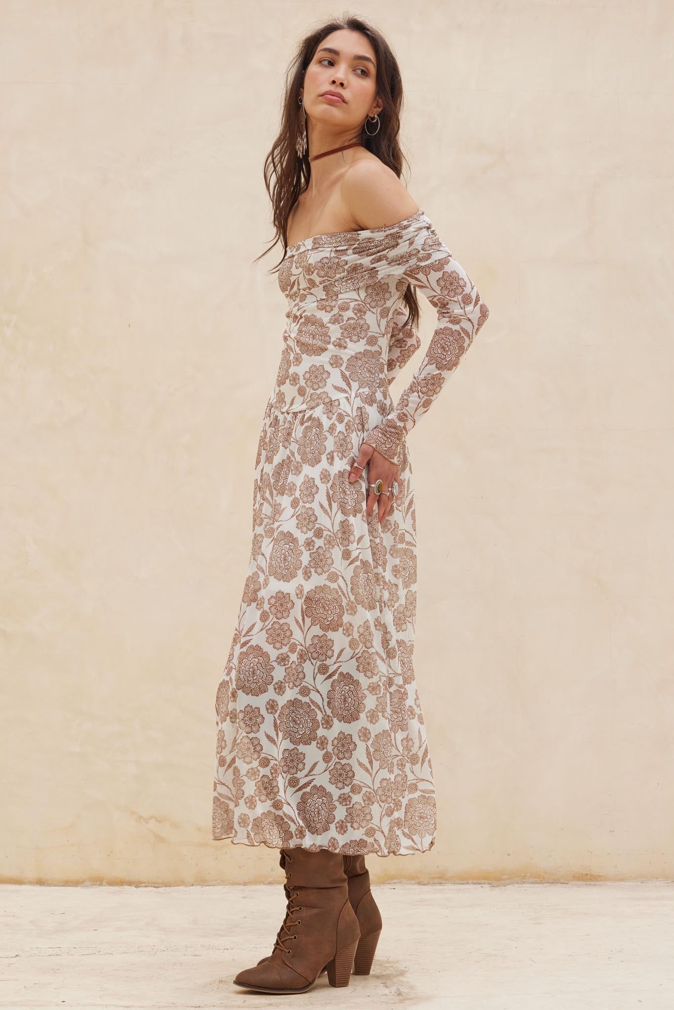 Fallen Flowers Floral Mesh Off-Shoulder Midi Dress