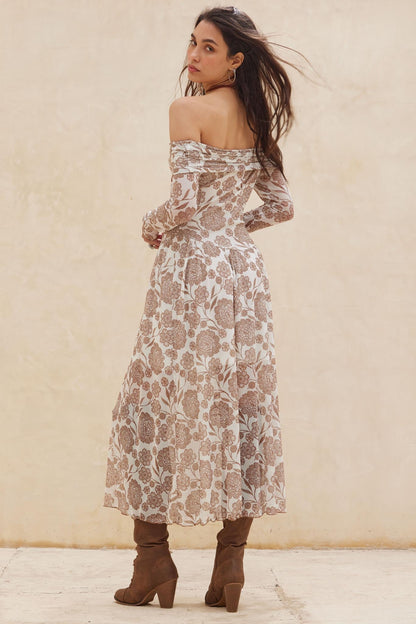 Fallen Flowers Floral Mesh Off-Shoulder Midi Dress