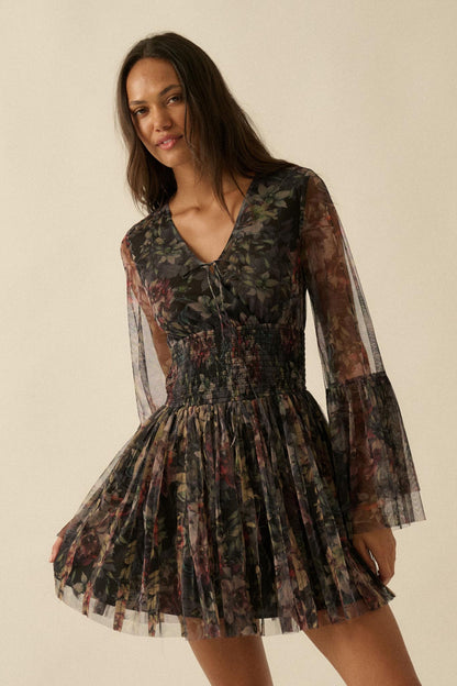 Pure Bliss Layered Floral Tulle Pleated Mini Dress