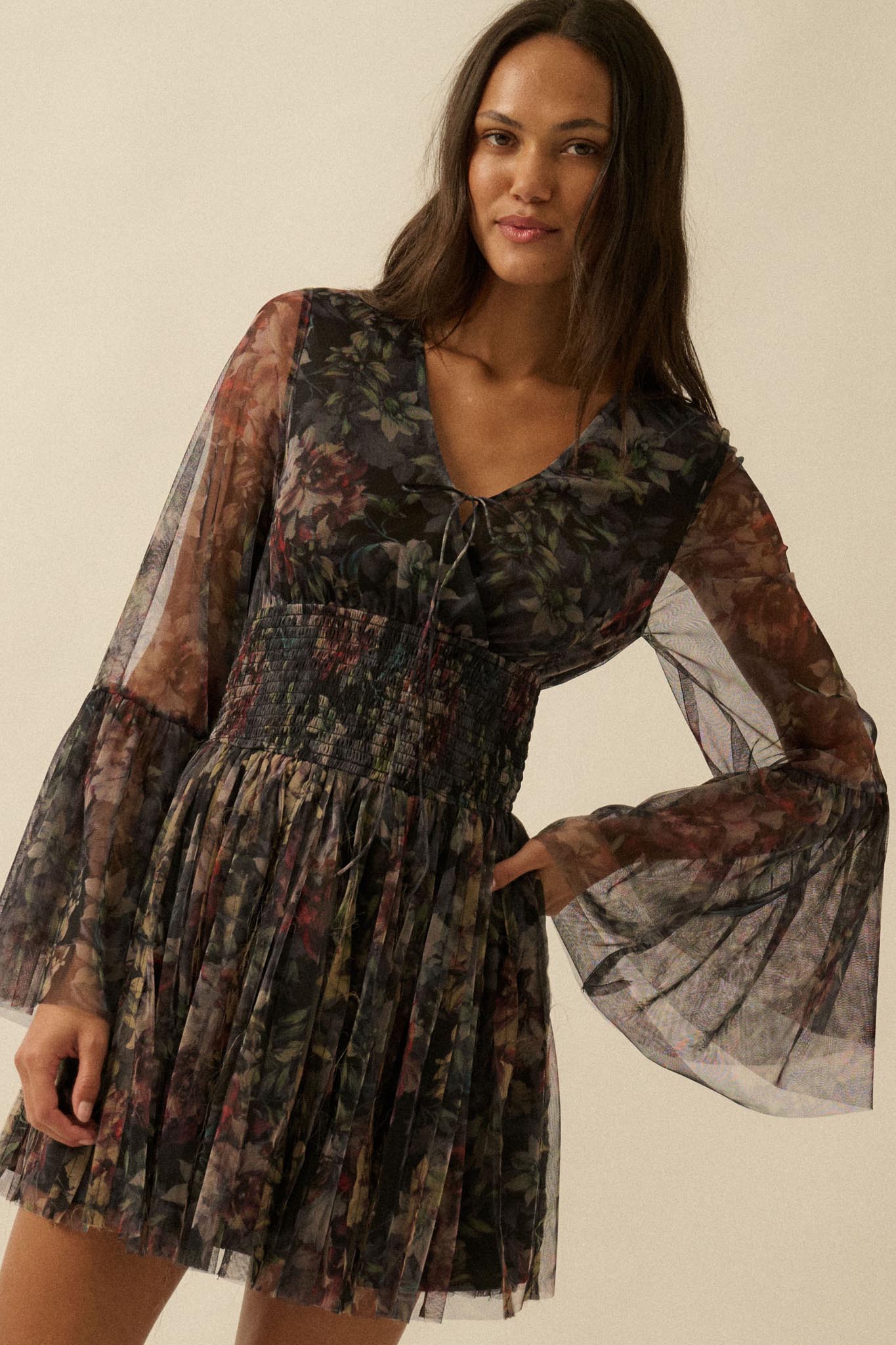 Pure Bliss Layered Floral Tulle Pleated Mini Dress
