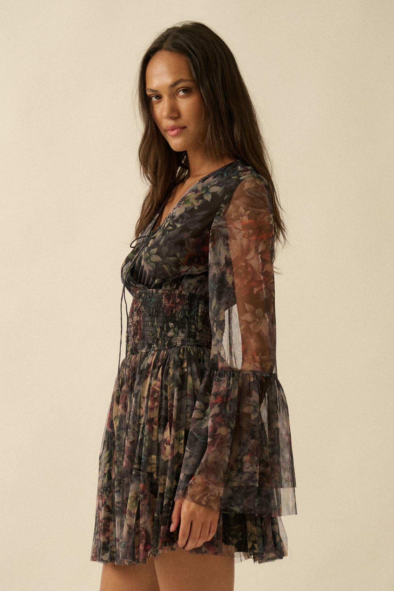 Pure Bliss Layered Floral Tulle Pleated Mini Dress