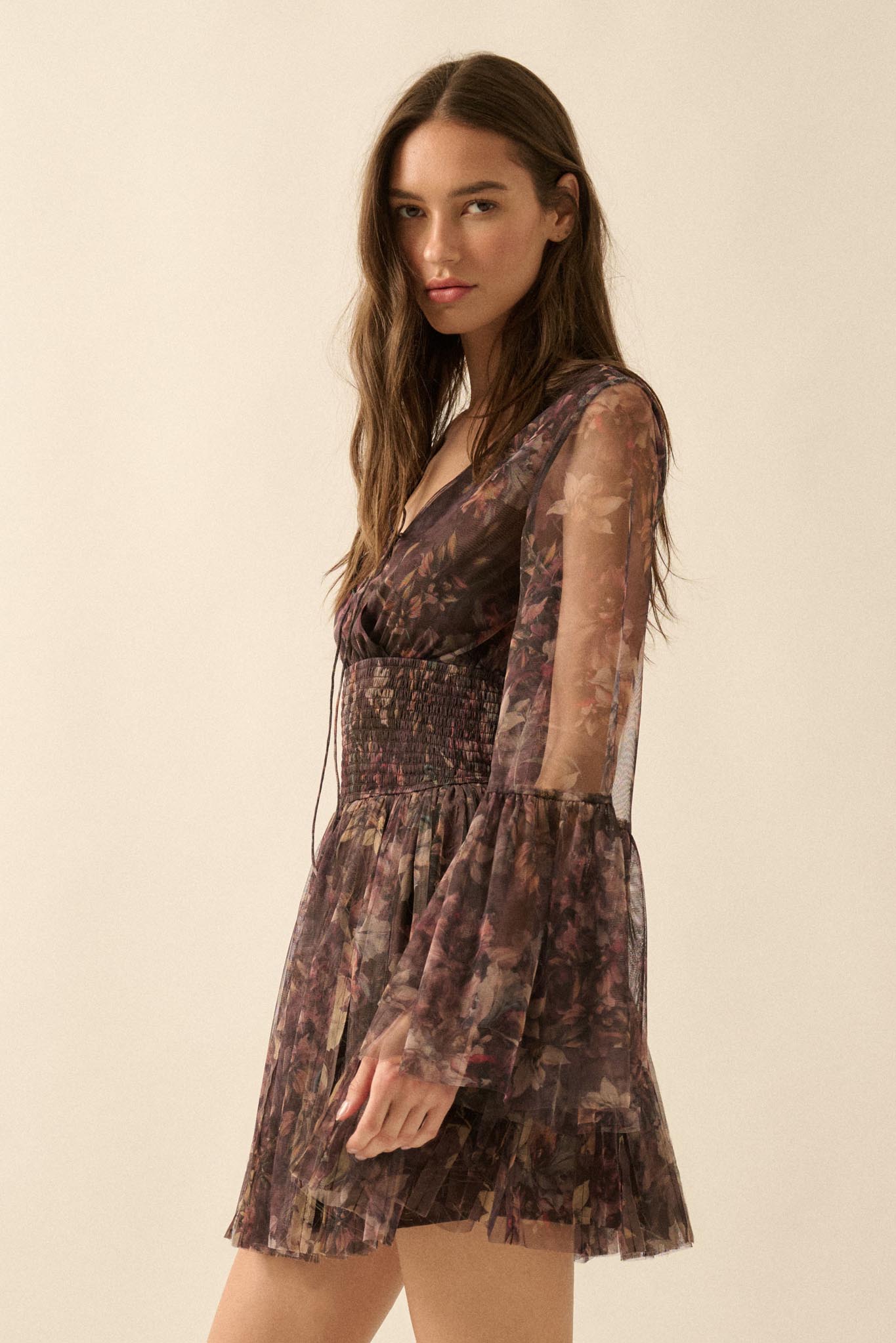 Pure Bliss Layered Floral Tulle Pleated Mini Dress