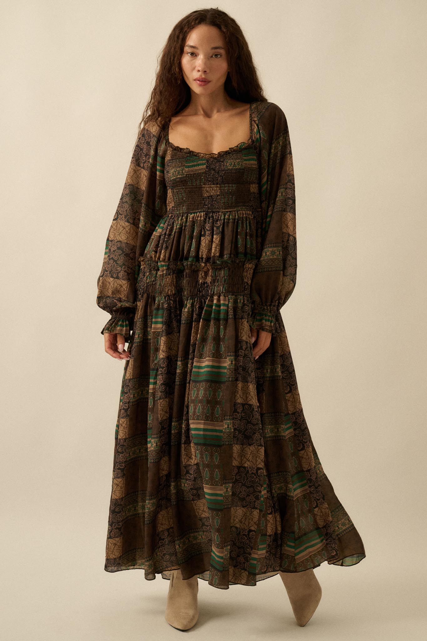 Pieces of Me Patchwork-Print Smocked Maxi Dress