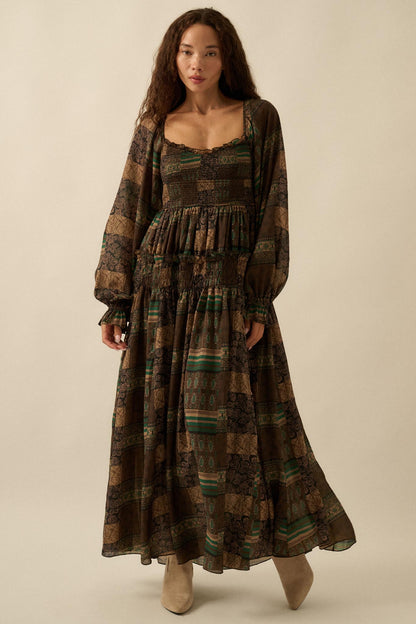 Pieces of Me Patchwork-Print Smocked Maxi Dress