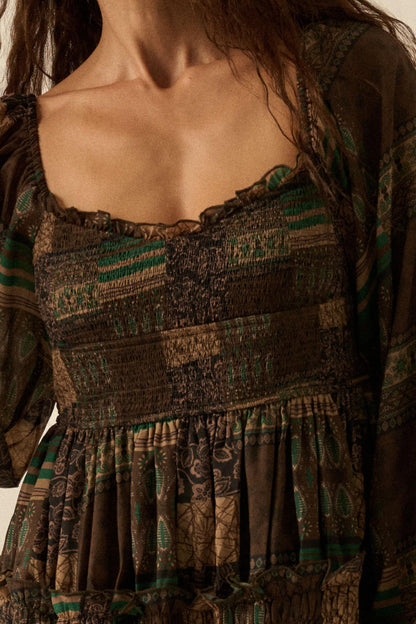 Pieces of Me Patchwork-Print Smocked Maxi Dress