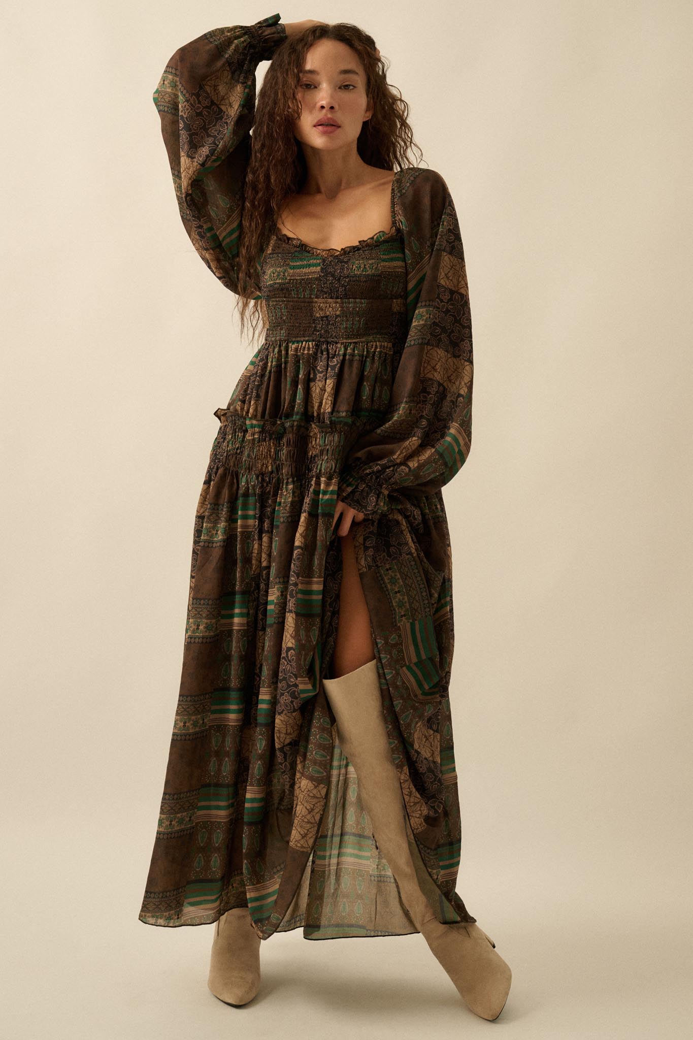 Pieces of Me Patchwork-Print Smocked Maxi Dress
