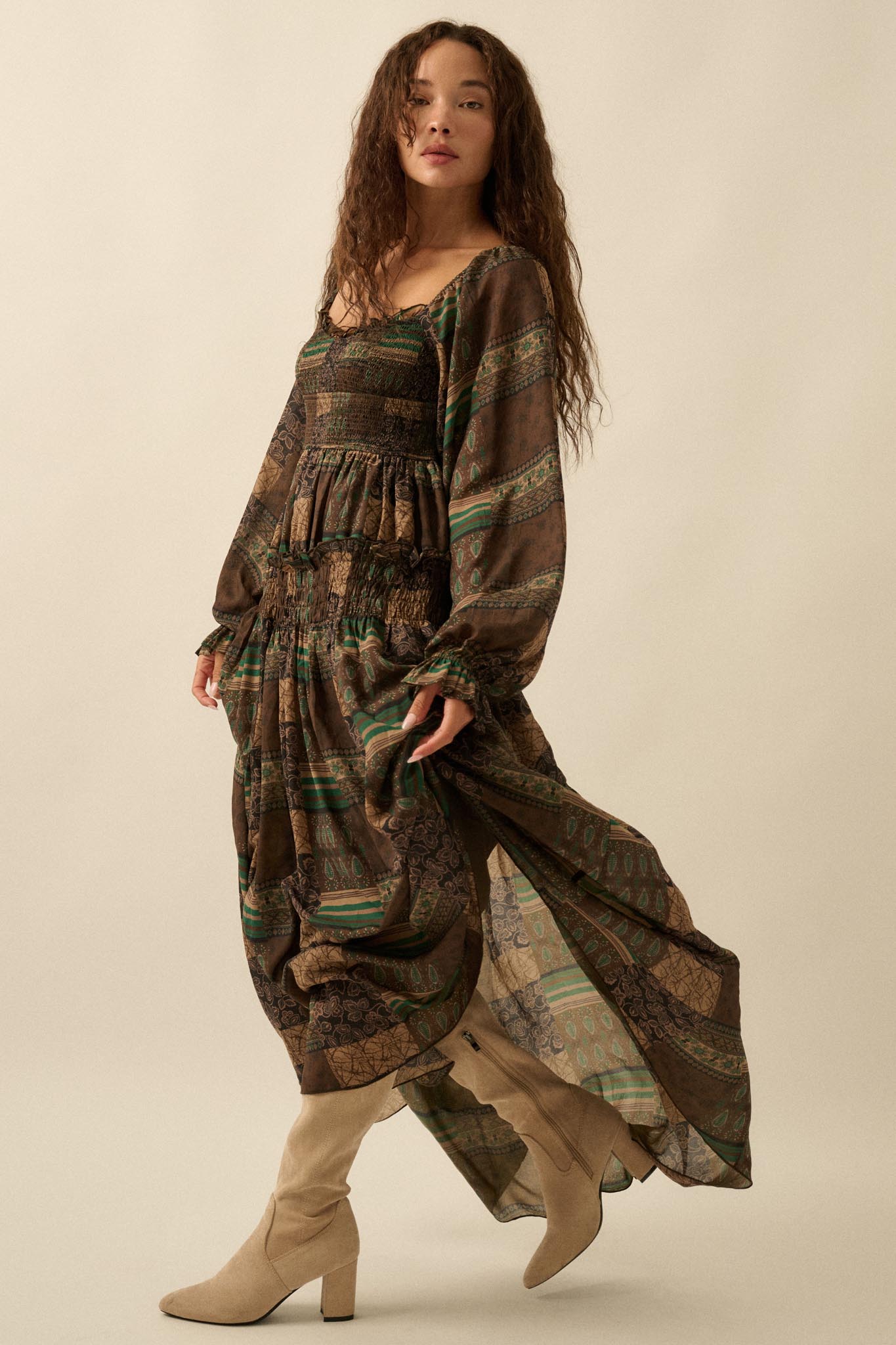 Pieces of Me Patchwork-Print Smocked Maxi Dress