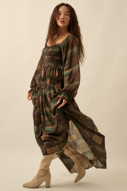 Pieces of Me Patchwork-Print Smocked Maxi Dress