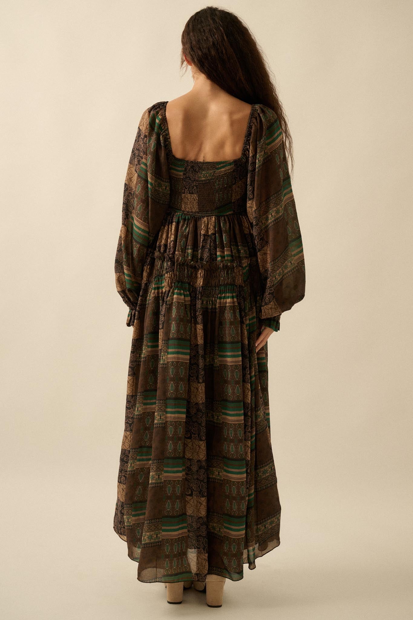 Pieces of Me Patchwork-Print Smocked Maxi Dress