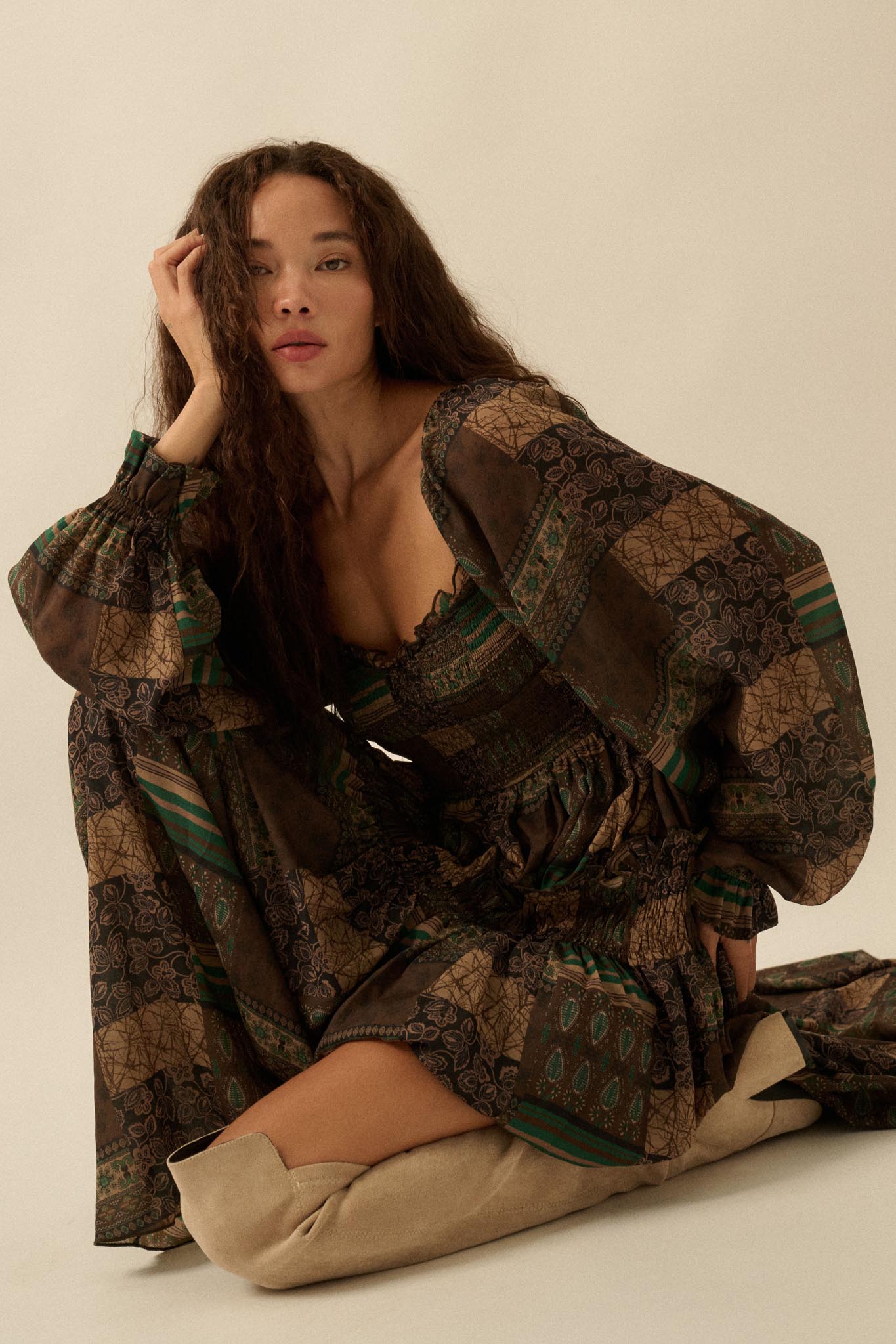 Pieces of Me Patchwork-Print Smocked Maxi Dress