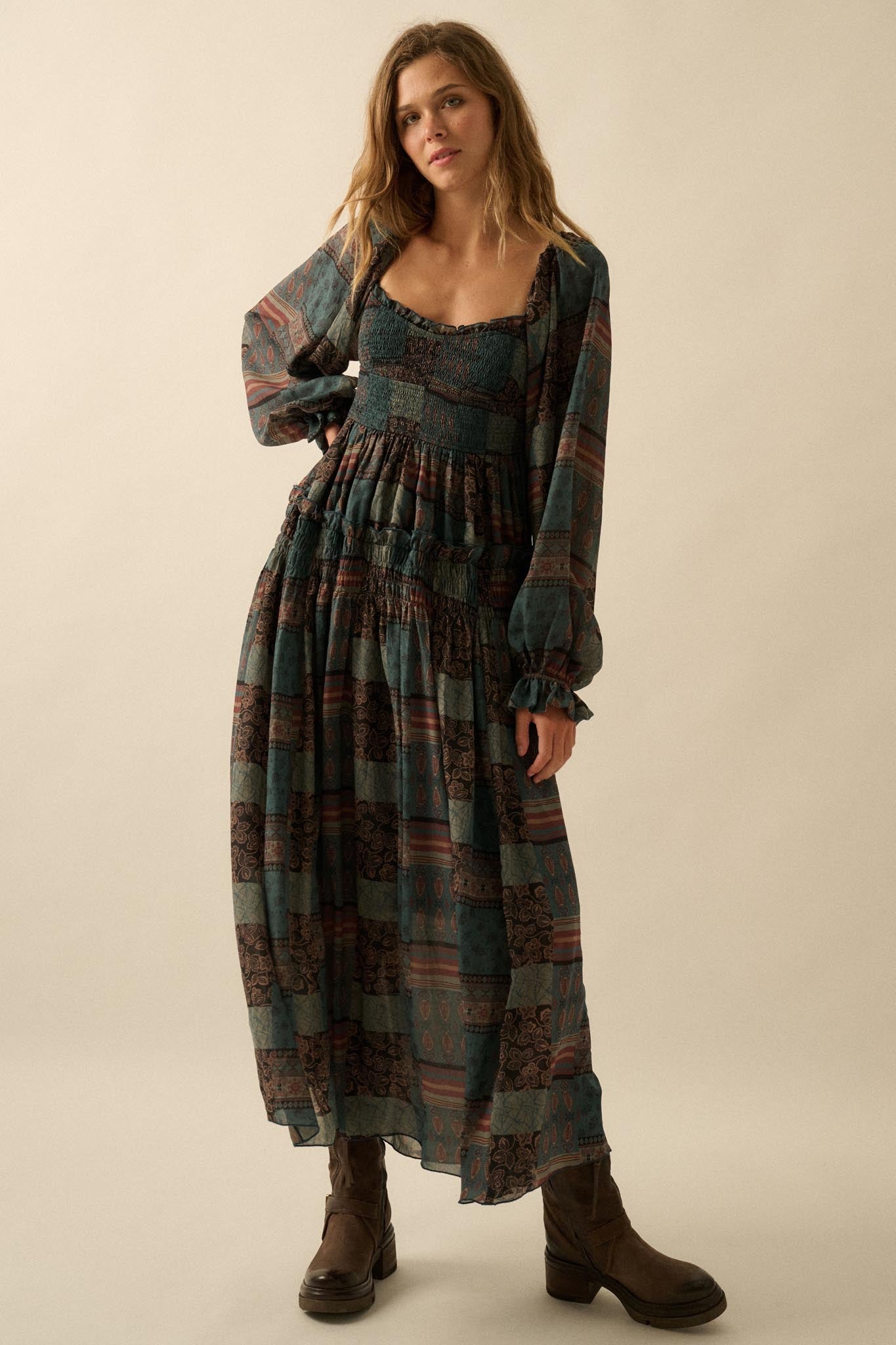 Pieces of Me Patchwork-Print Smocked Maxi Dress