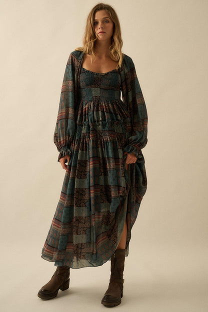 Pieces of Me Patchwork-Print Smocked Maxi Dress