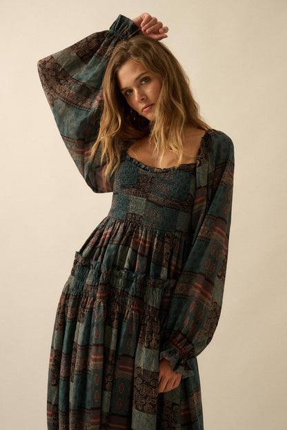 Pieces of Me Patchwork-Print Smocked Maxi Dress