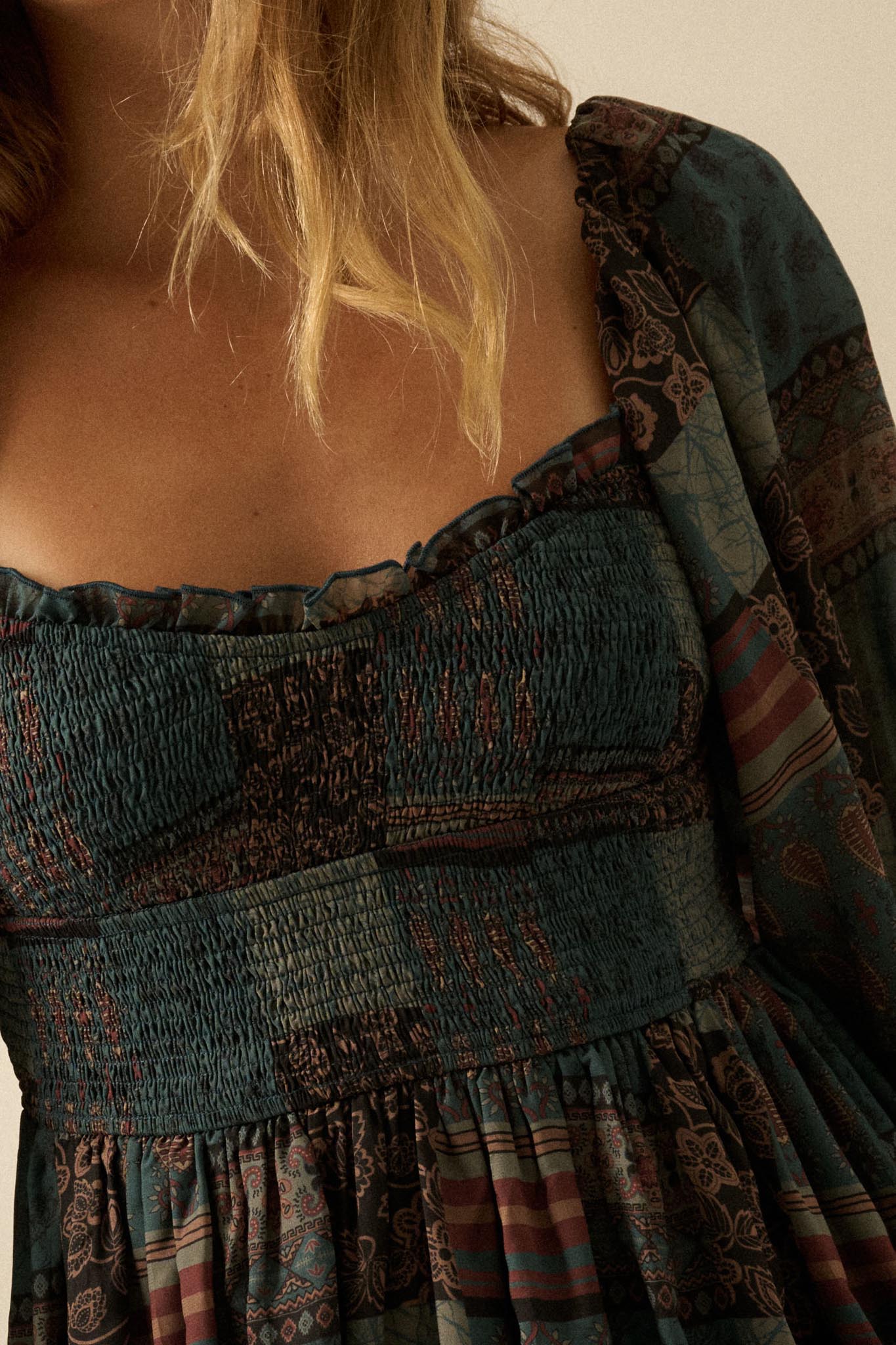 Pieces of Me Patchwork-Print Smocked Maxi Dress