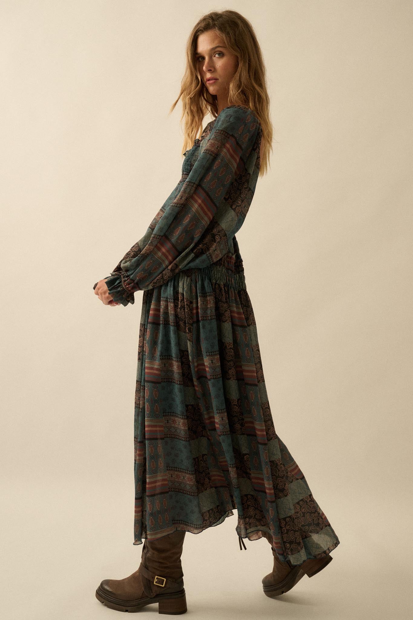 Pieces of Me Patchwork-Print Smocked Maxi Dress