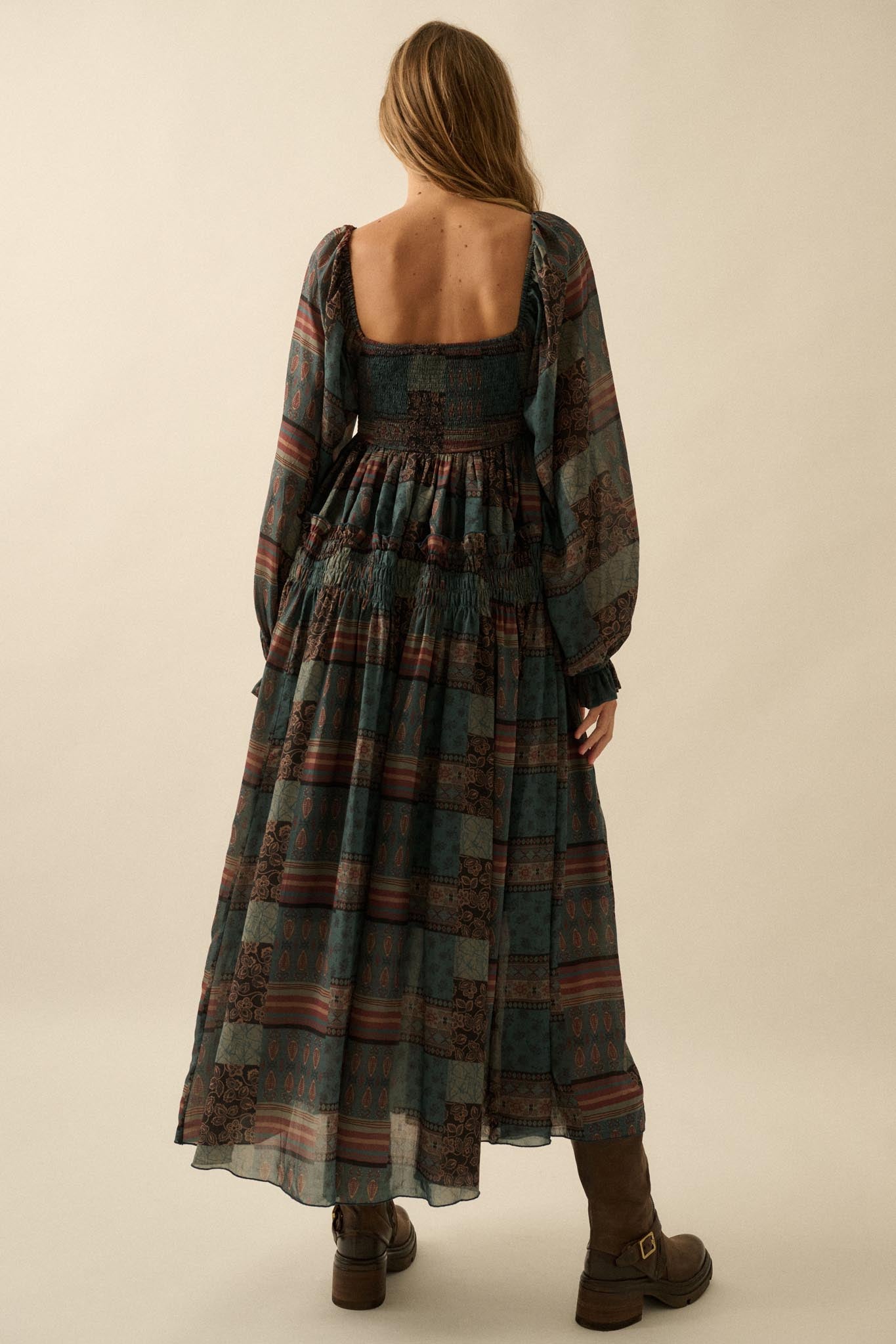 Pieces of Me Patchwork-Print Smocked Maxi Dress