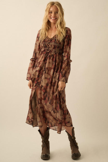 Russet Blossoms Floral Bell-Sleeve Midi Dress