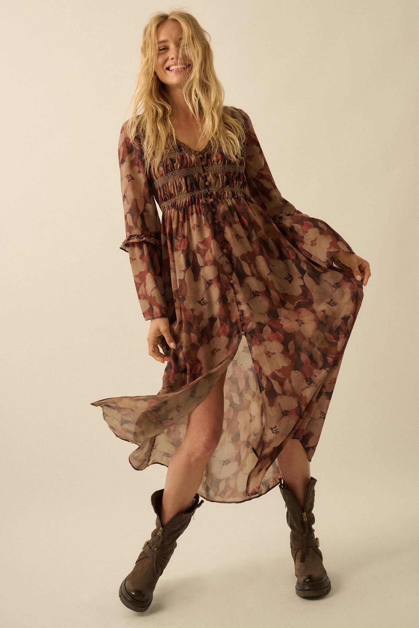 Russet Blossoms Floral Bell-Sleeve Midi Dress