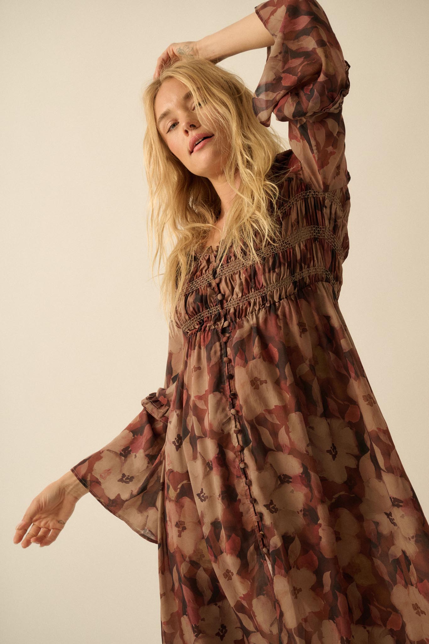 Russet Blossoms Floral Bell-Sleeve Midi Dress