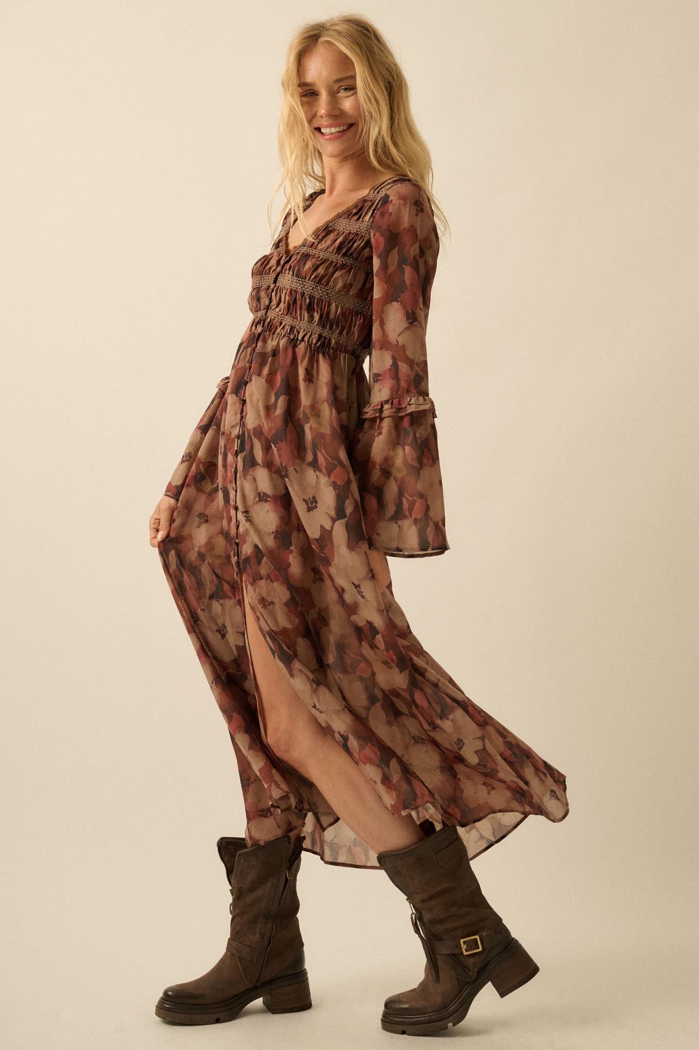 Russet Blossoms Floral Bell-Sleeve Midi Dress