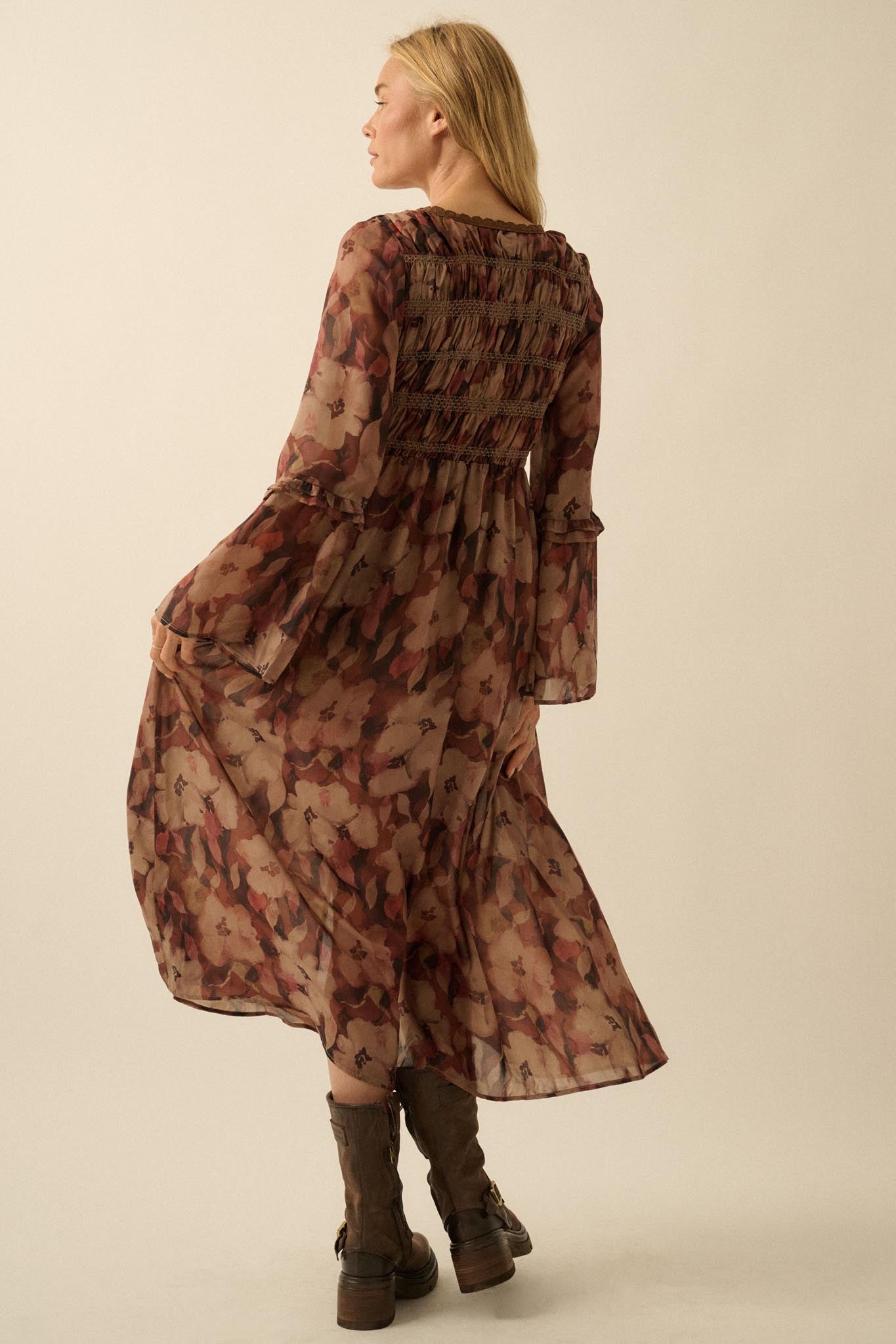 Russet Blossoms Floral Bell-Sleeve Midi Dress