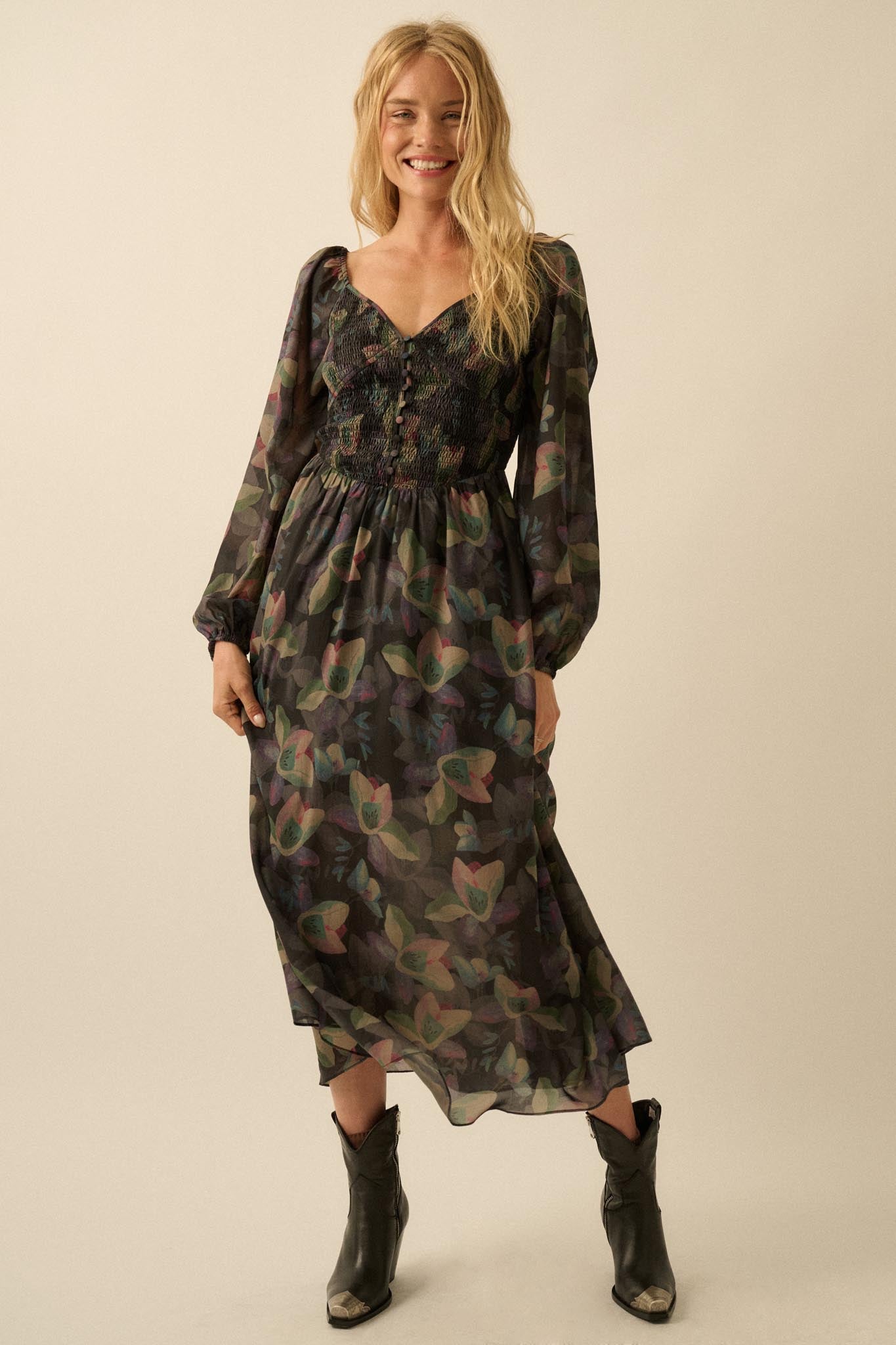 Moody Blooms Smocked Floral Midi Peasant Dress