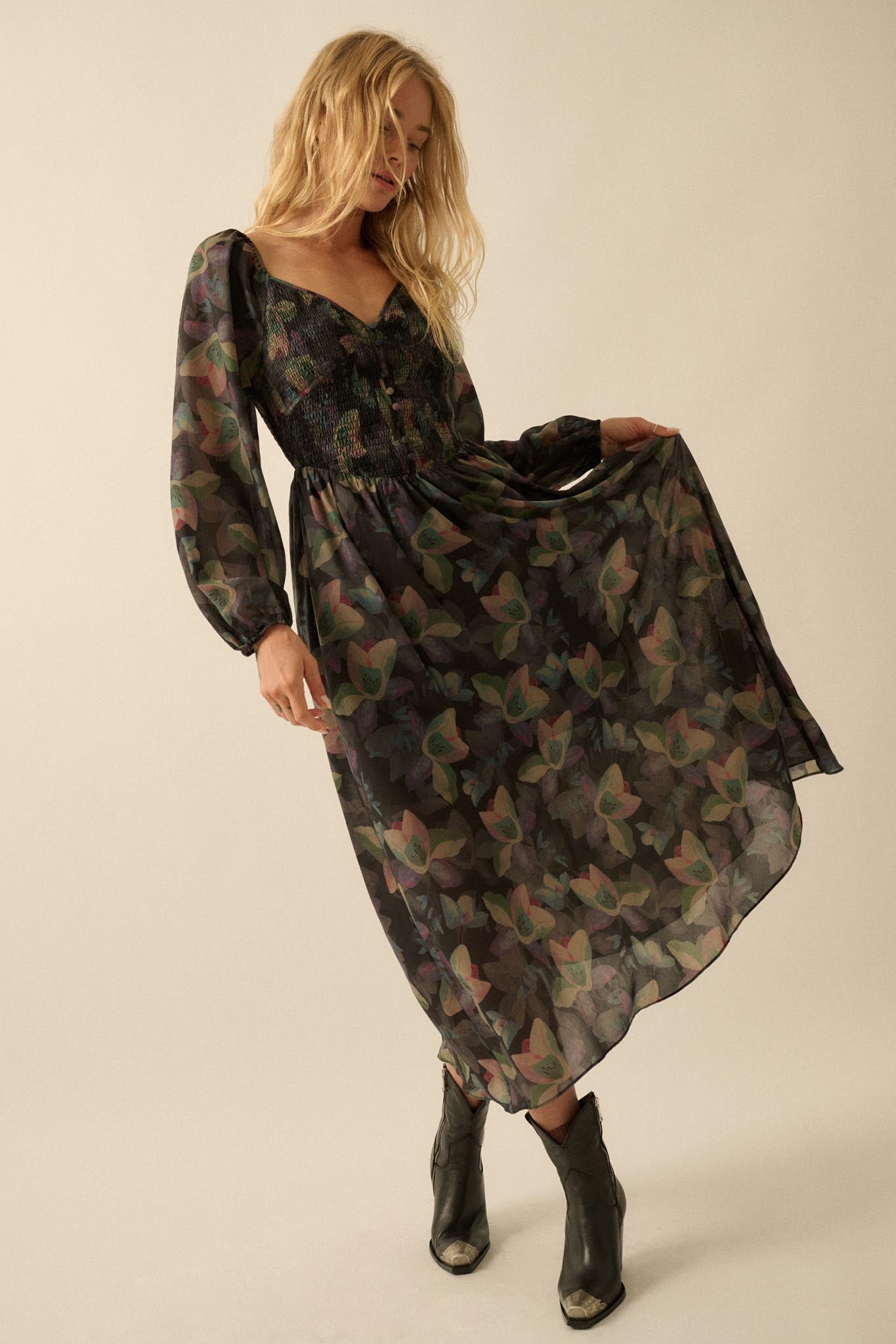 Moody Blooms Smocked Floral Midi Peasant Dress