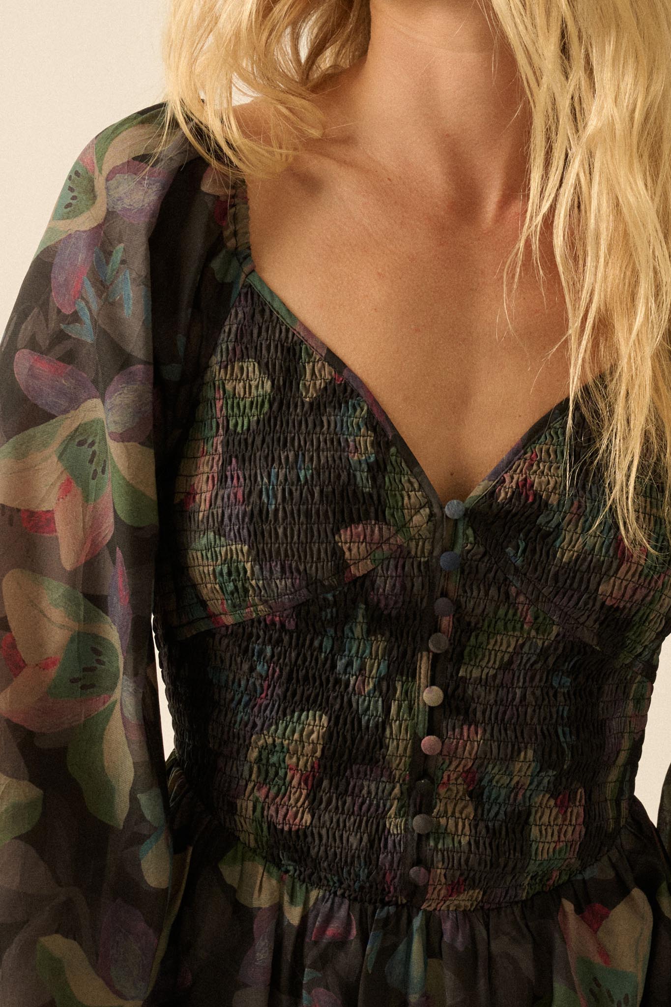 Moody Blooms Smocked Floral Midi Peasant Dress