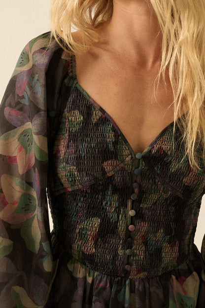Moody Blooms Smocked Floral Midi Peasant Dress