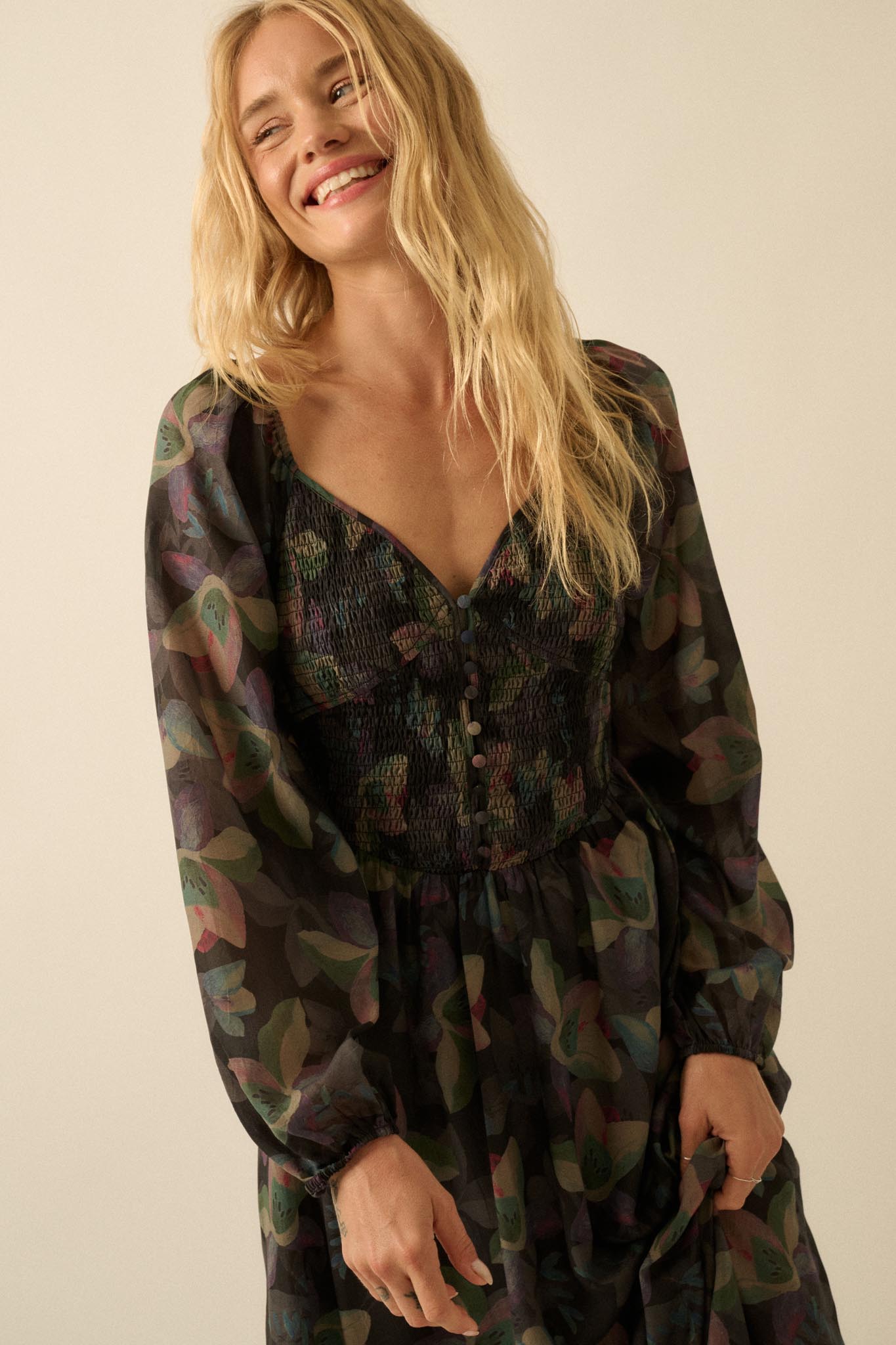 Moody Blooms Smocked Floral Midi Peasant Dress
