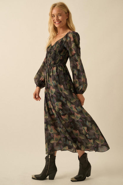 Moody Blooms Smocked Floral Midi Peasant Dress