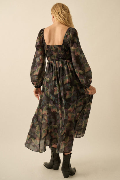 Moody Blooms Smocked Floral Midi Peasant Dress