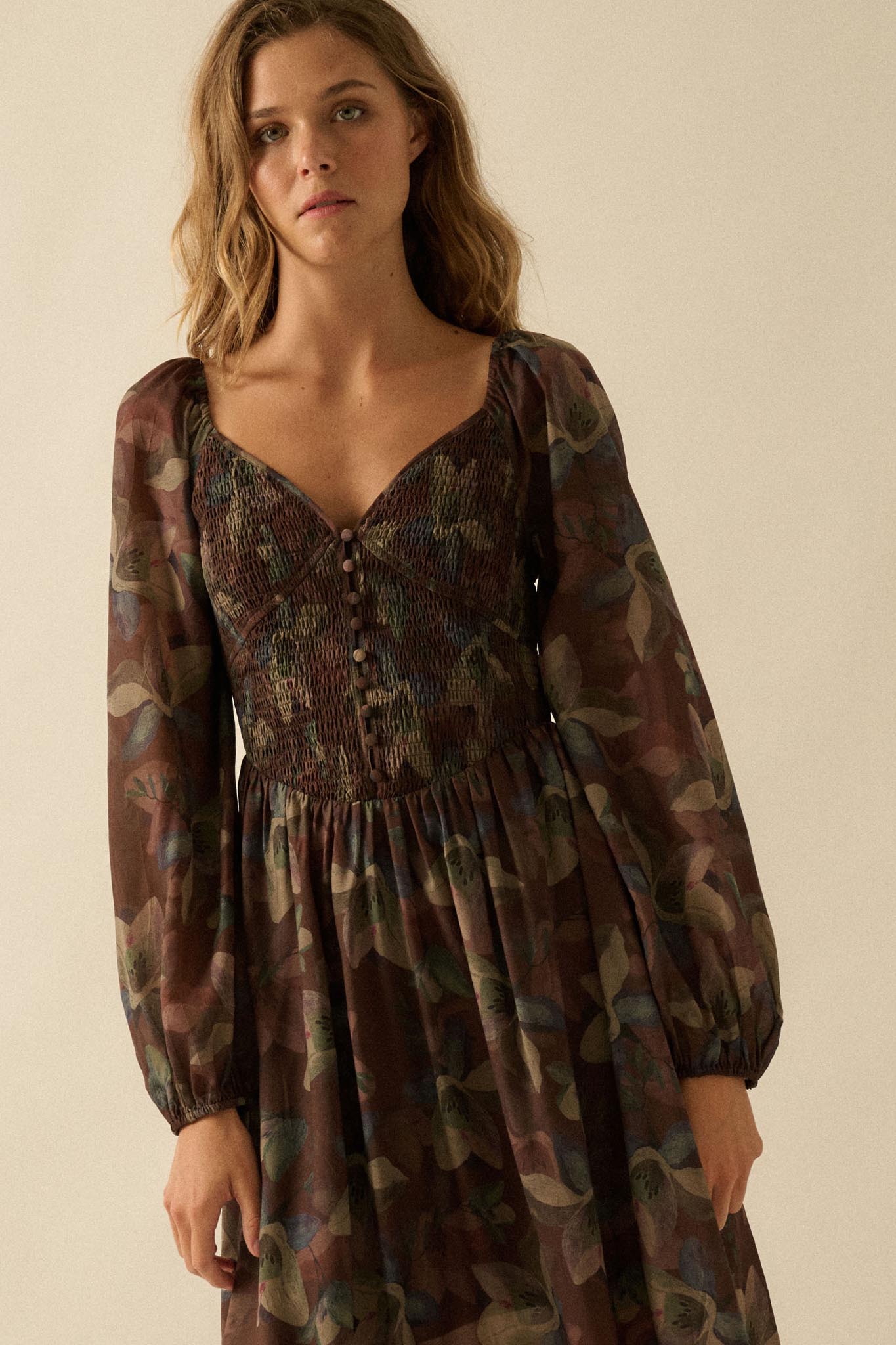 Moody Blooms Smocked Floral Midi Peasant Dress