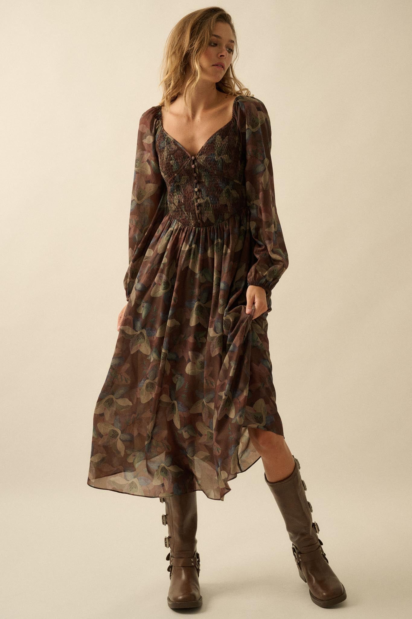 Moody Blooms Smocked Floral Midi Peasant Dress