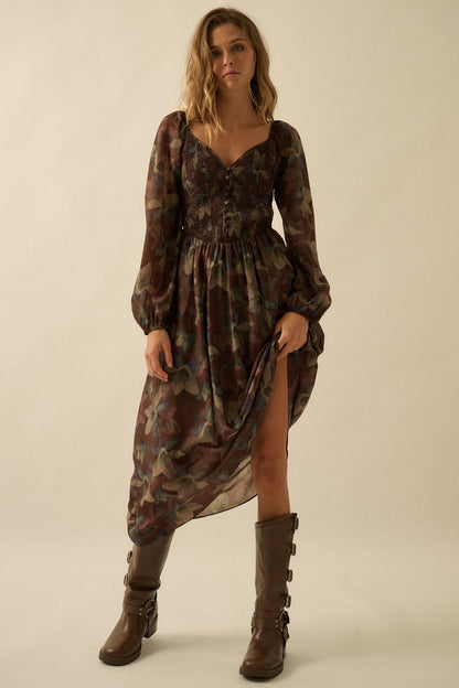 Moody Blooms Smocked Floral Midi Peasant Dress