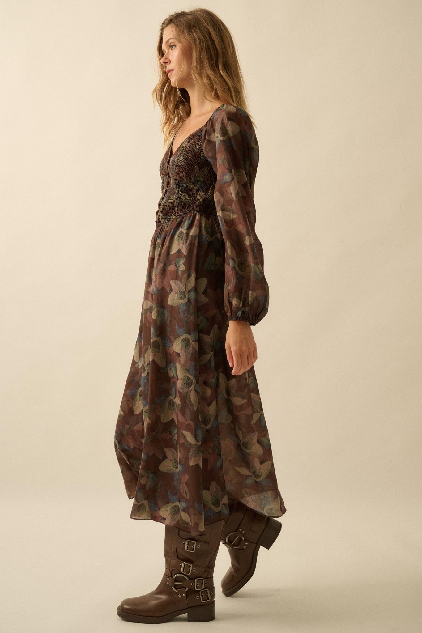 Moody Blooms Smocked Floral Midi Peasant Dress