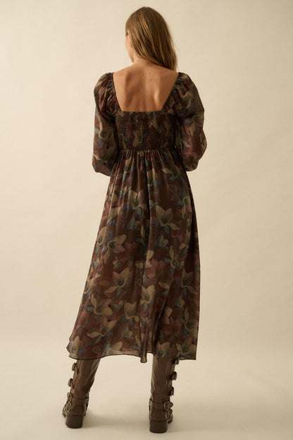 Moody Blooms Smocked Floral Midi Peasant Dress