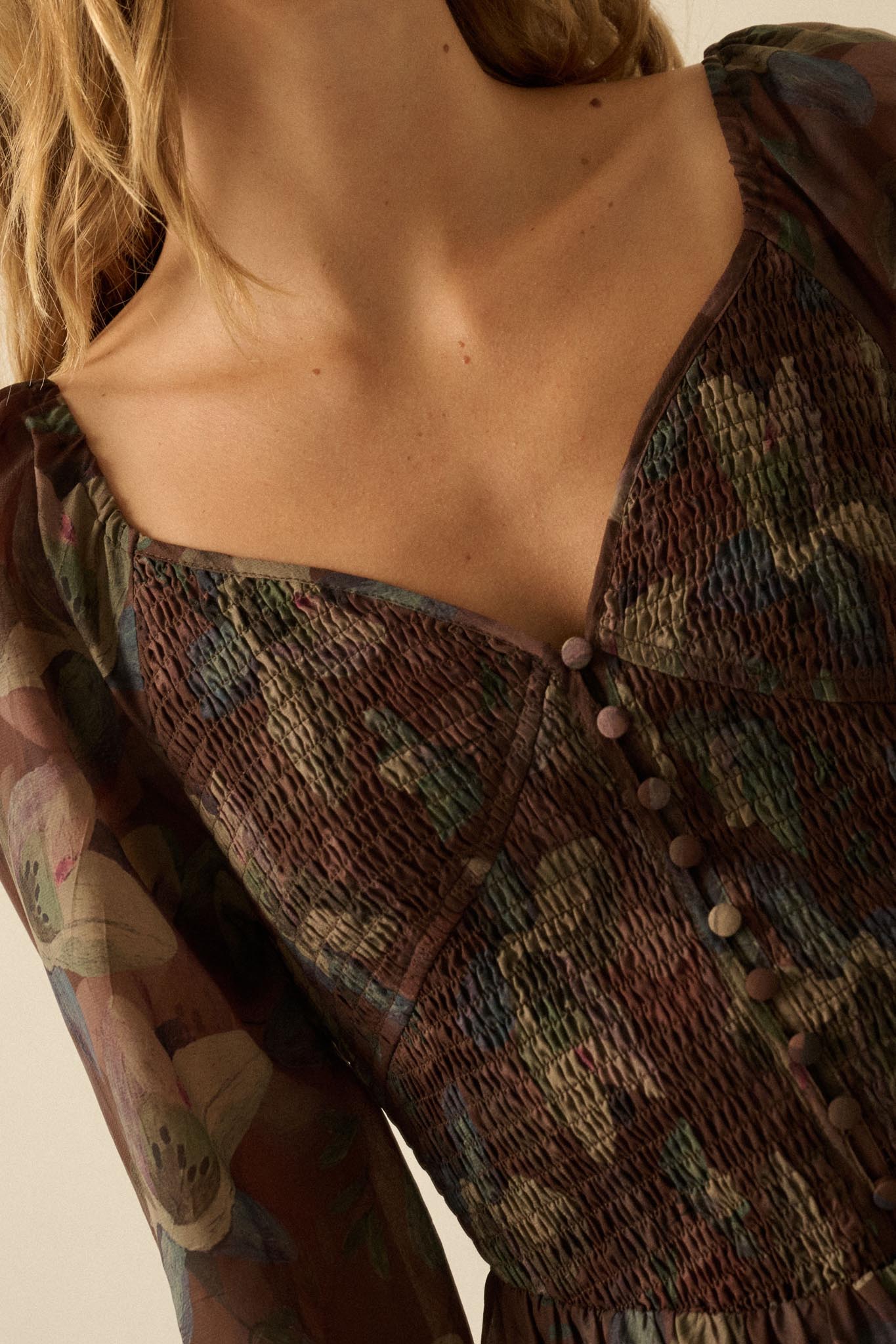 Moody Blooms Smocked Floral Midi Peasant Dress