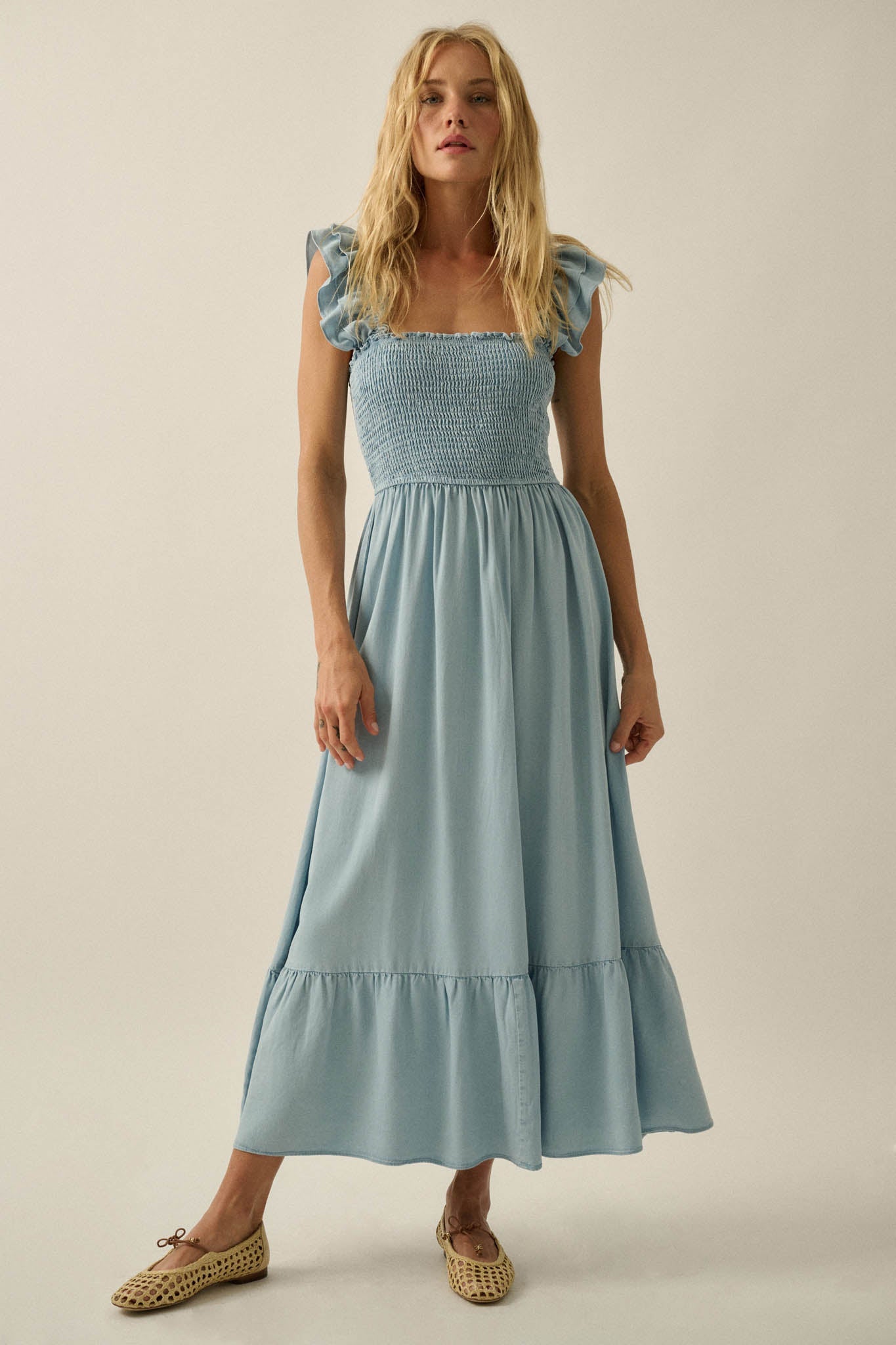 Chambray Sky Denim Smocked Ruffle Midi Dress